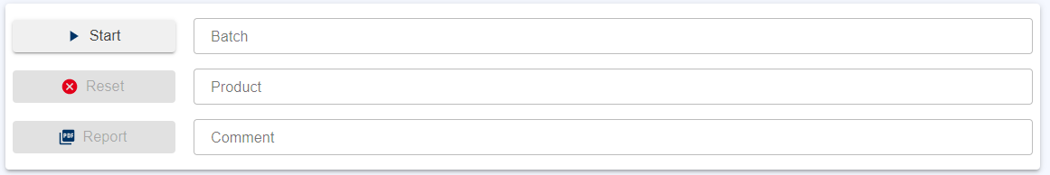 開始、リセット、レポート、バッチ番号、製品名、コメント